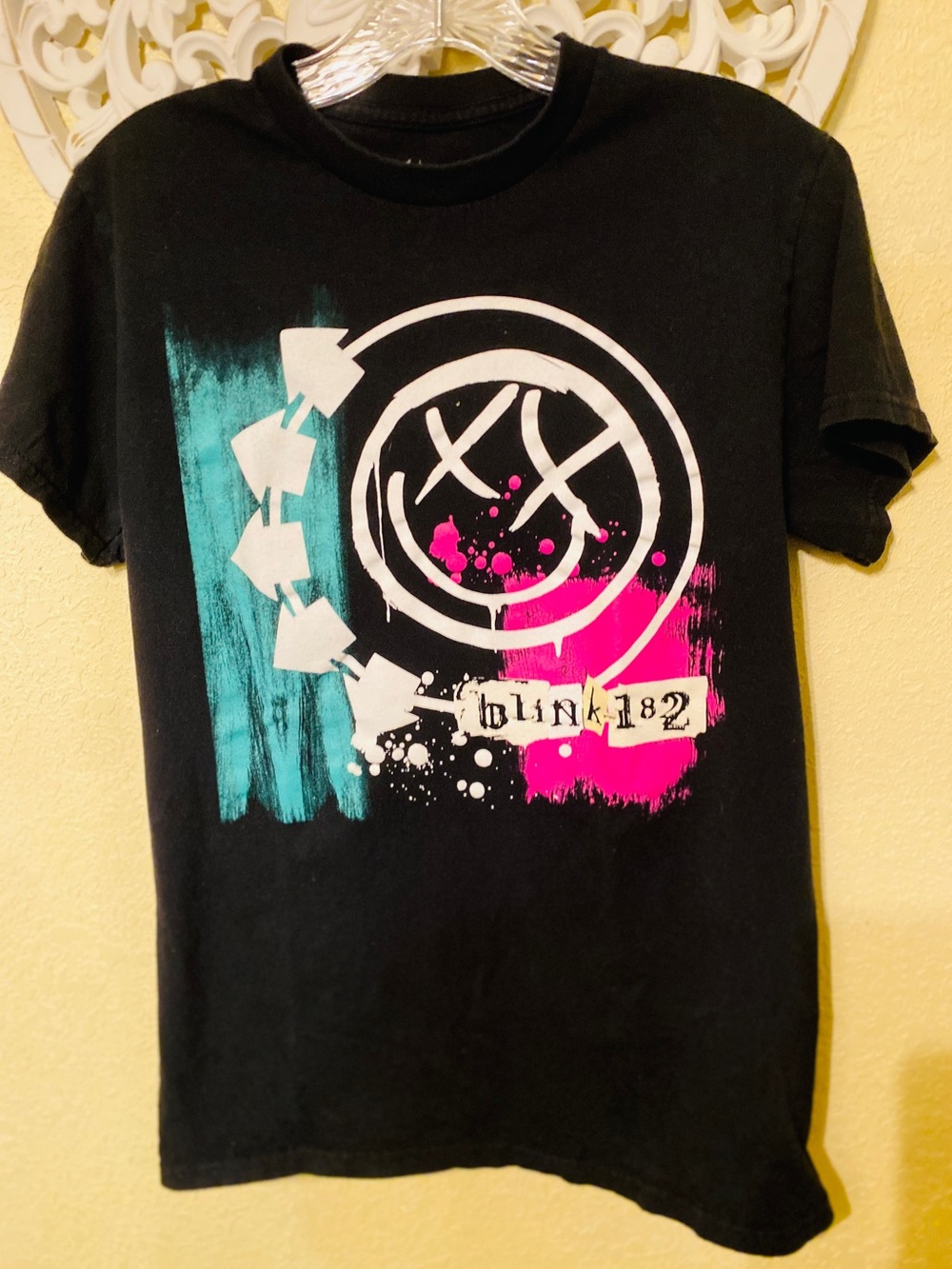 Blink-182  Black Graphic Tee with Teal & Pink Accent